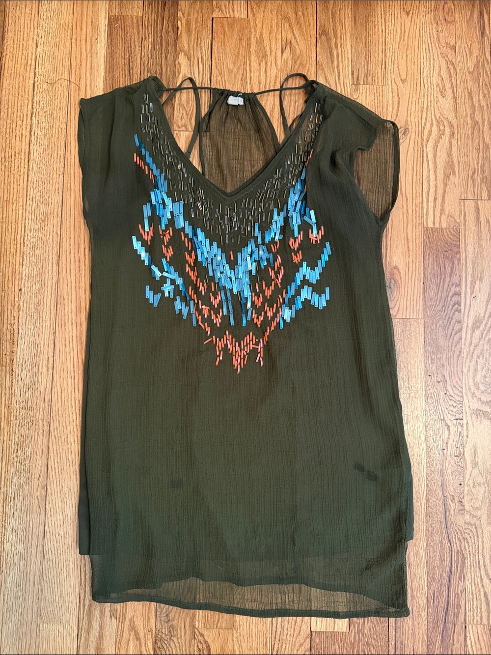 Urban Outfitters Olive Green Beaded Tunic with Blue and Orange Embellishment